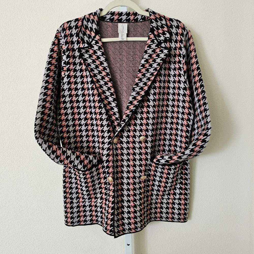 JOIE Women's Double Breasted Houndstooth Multicolored Button Blazer Sz L - Picture 2 of 13
